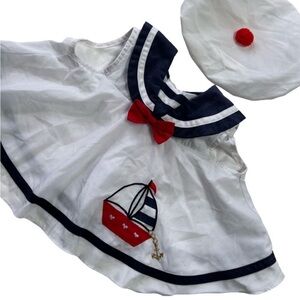 Vintage 1990s Embroidered Sailboat Nautical Sailor Pleated Tunic Top Dress & Hat